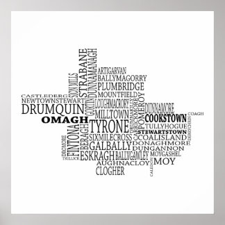 Póster Black Typografia Map of Co. Tyrone, Irlanda