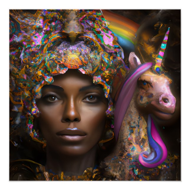Póster Black Unicorn Melanin Unicorns Afro Queen Crown (Frente)