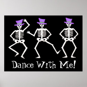 Póster Black White Dancing Skeletons Happy Halloween