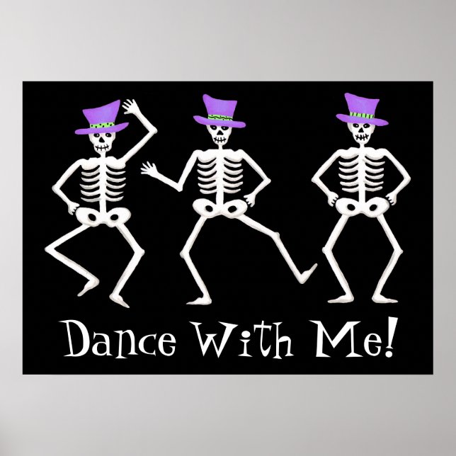 Póster Black White Dancing Skeletons Happy Halloween (Frente)