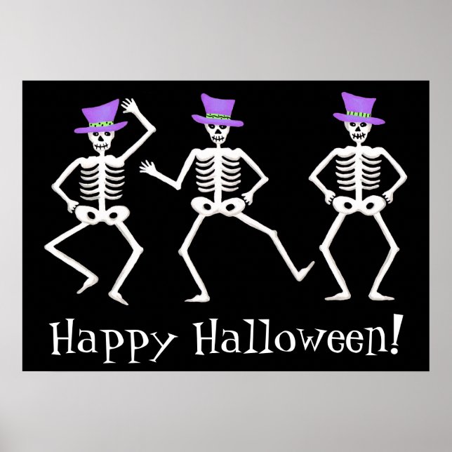 Poster Black White Dancing Skeletons Happy Halloween (Frente)