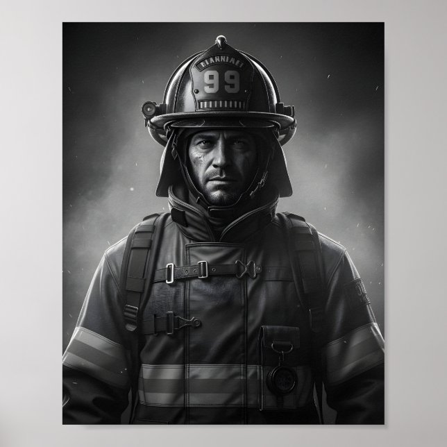 Poster Black & White Firefighter Hero Fireman Tribute  (Frente)
