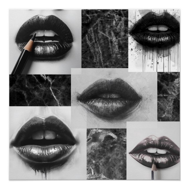 Póster Black & White Lips Collage Glossy Poster (Frente)