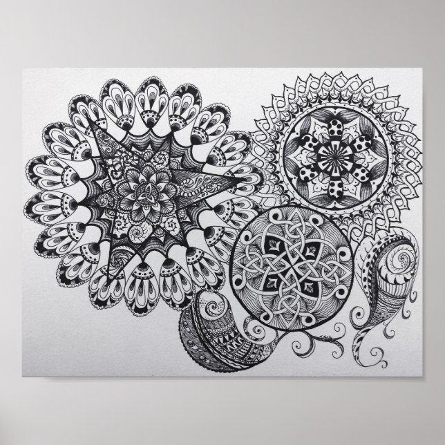Póster Black & White Mandala Celular Knot Tangle Paisley (Frente)
