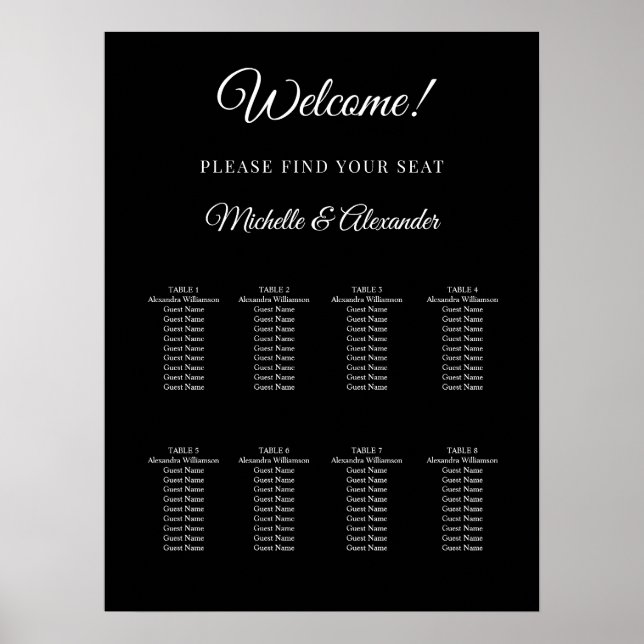 Poster Black white modern script wedding seating chart (Frente)