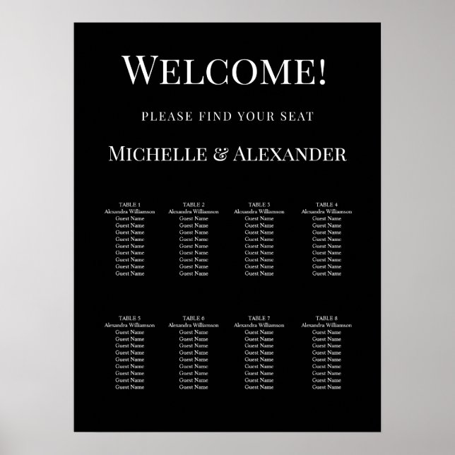Poster Black white modern simple wedding seating chart (Frente)
