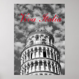 Póster Black White Viva Italia Lendando Torre de Pisa