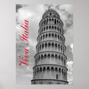 Póster Black White Viva Italia Lendando Torre de Pisa
