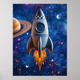 Poster Blast Off – Cartaz de Foguete de Desenho Animado