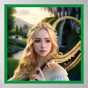 Poster Blona Bela Musa Jogando Harp