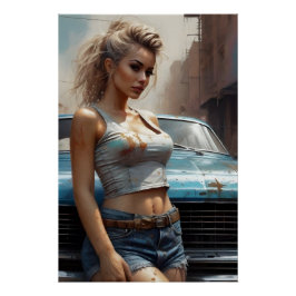 Póster Blonde Pinup Kunstwerk Oldtimer kunst