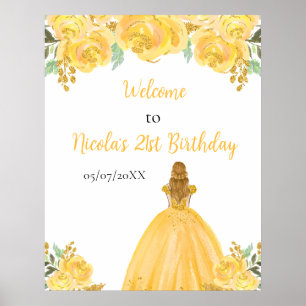 Poster Blondres Hair Princesa Floral Dourada Aniversário 