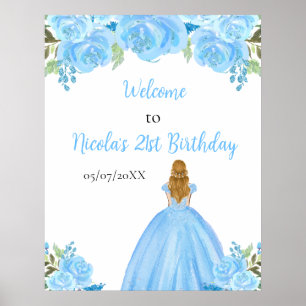 Poster Blondres Princesa Blue Floral Birthday Bem-vindo