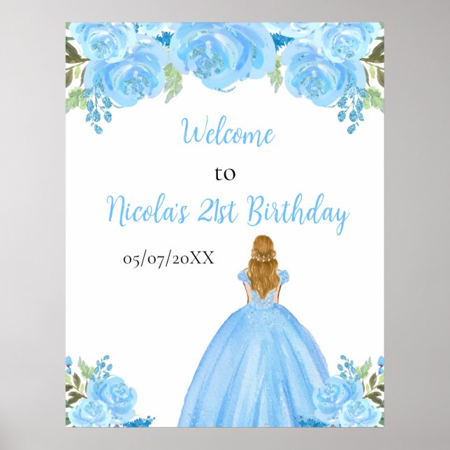 Poster Blondres Princesa Blue Floral Birthday Bem-vindo (Frente)
