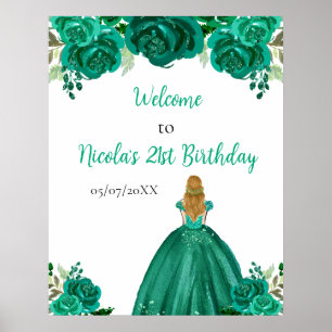 Poster Blondres Princesa Verde Aniversário Floral