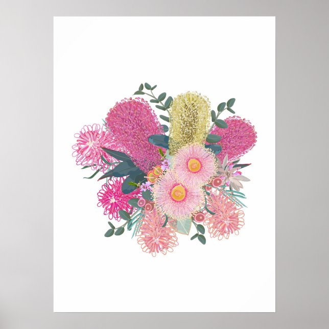 Poster Blooms cor-de-rosa e amarelo do Outback australian (Frente)