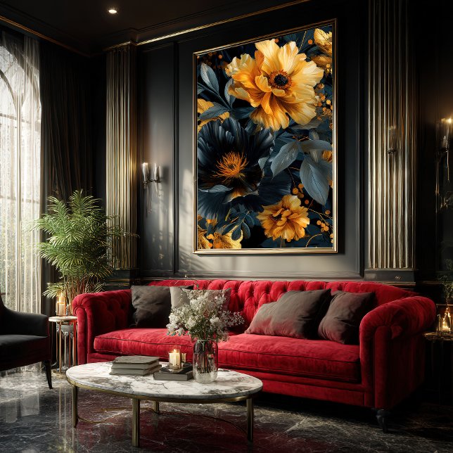 Poster Blooms de cor d'água com borda de ouro (Criador carregado)