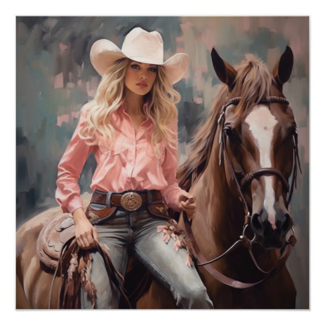 Póster Blooms e Bridles: Arte em Muro de Cowgirl (Frente)