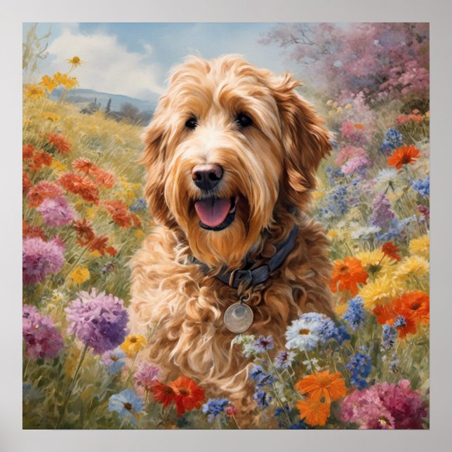 Poster Blossom Buddy: Um Paraíso Floral de Goldendoodle (Frente)