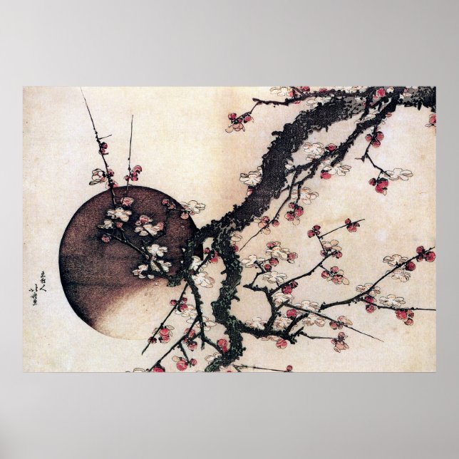 Póster Blossomas de ameixa e Lua, Hokusai (Frente)