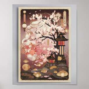Poster Blossomas em Dusk: Uma Tranquil Noite Japonesa
