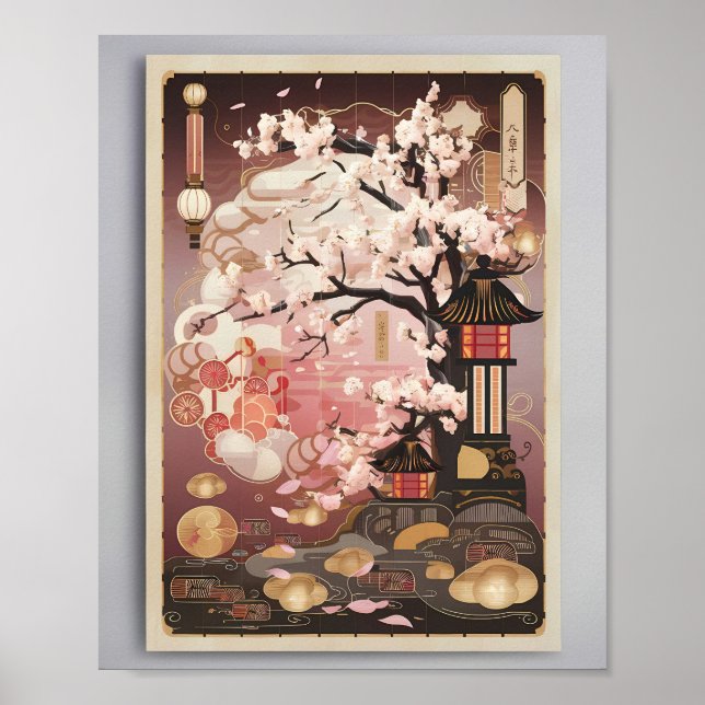 Poster Blossomas em Dusk: Uma Tranquil Noite Japonesa (Frente)