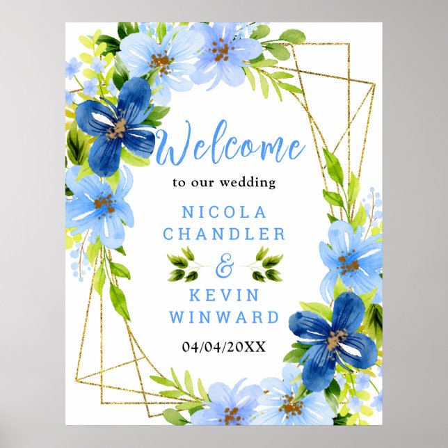 Poster Blue and Navy Flowers Wedding Welcome Sign (Frente)