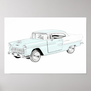 Poster Blue and White 1955 Chevy Bel Air Drawing