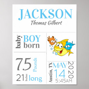 Poster Blue Baby Birth Stat Sign with Baby Shark