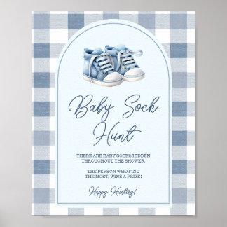Poster Blue Baby Shoes Gingham Baby Shower Baby Sock Hunt