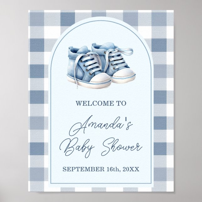 Poster Blue Baby Shoes Gingham Boy Baby Shower Welcome (Frente)