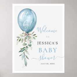 Poster Blue Balloon Bow Greenery Baby Shower Welcome