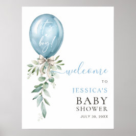 Poster Blue Balloon Greenery Bow Baby Shower Welcome