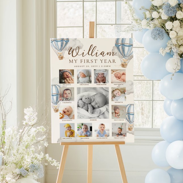 Poster Blue Beary First Birthday Photo Timeline (Criador carregado)
