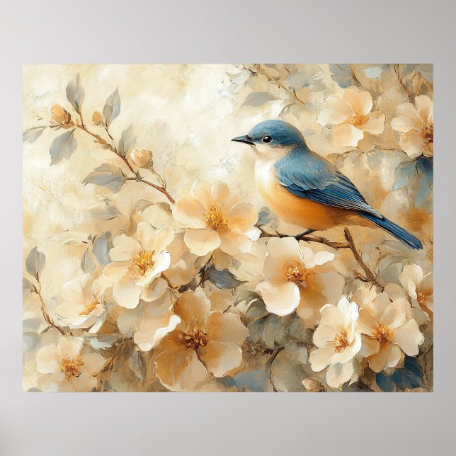 Poster Blue Bird Blossoming Tree Painting (Frente)