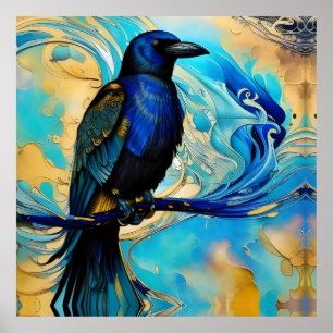 Poster Blue Black Raven em abstrato azul e dourado