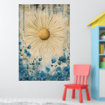 Poster Blue Boho Sunshine" (or sometimes "Boho Sun Blue")<br><div class="desc">Blue Boho Sunshine" (or sometimes "Boho Sun Blue"),  is a popular contemporary digital art piece created by the artist Sarah Manovski. 

The piece is characterized by its minimalist,  bohemian aesthetic,  featuring a radiant gold-textured sun with elongated rays set against a backdrop of delicate blue flowers and abstract,  weathered textures.</div>