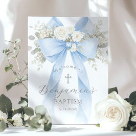 Poster Blue Bow Baby Boy Baptism Elegant Welcome