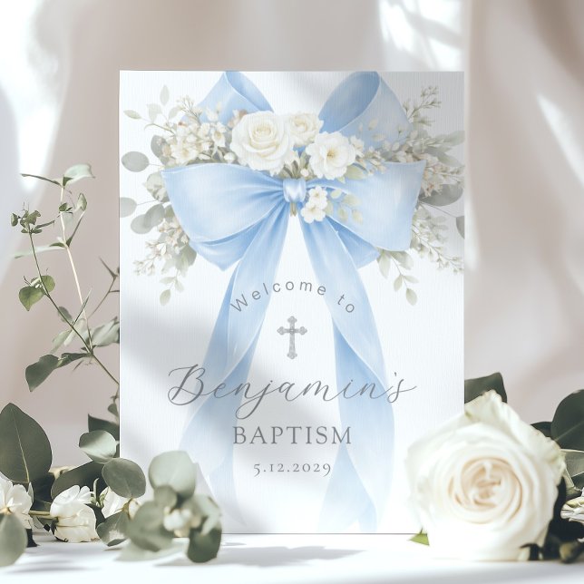 Poster Blue Bow Baby Boy Baptism Elegant Welcome (Criador carregado)