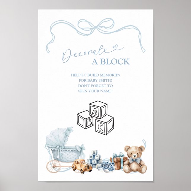 Poster Blue Bow Carriage Baby Shower Decorate Block Sign (Frente)