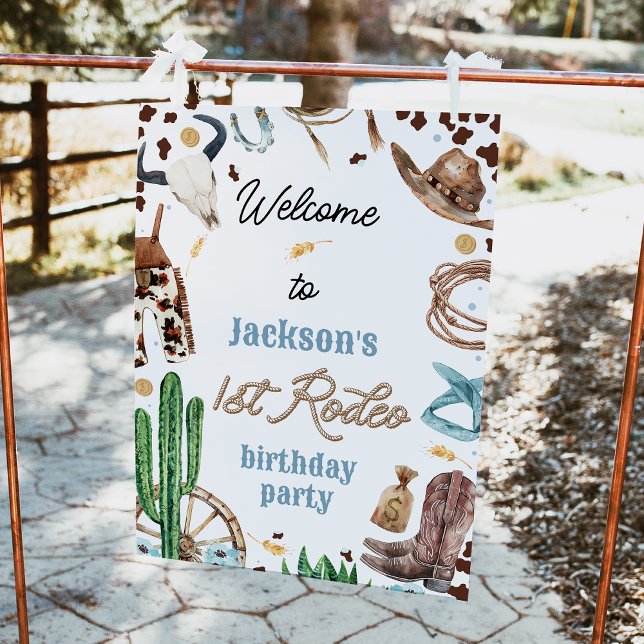 Póster Blue Brown Western First Rodeo - Sinal de primeiro (Editable Boys First Rodeo 1st Birthday Welcome Sign, Cowboy Birthday Party Welcome Poster, Western)