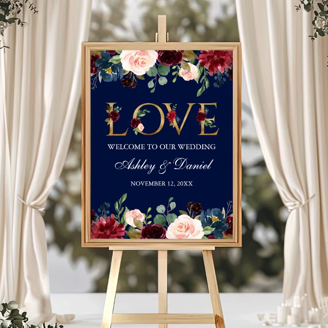 Poster Blue Burgundy Floral Dourado Casamento Bem-Vindo (Customize to change text color, text size, text style or size of poster.)