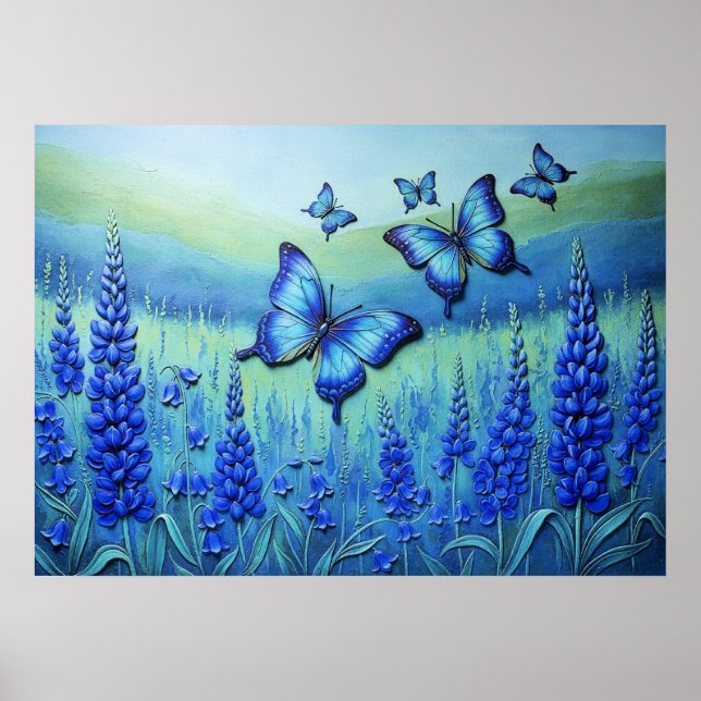 Poster Blue Butterflies with Blue Flowers, (Frente)