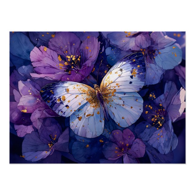 Póster Blue Butterfly on Purple Flowers (Frente)