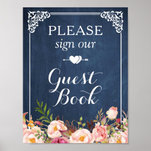 Poster Blue Chalkboard Sinal Floral Nosso Guestbook