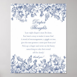 Poster Blue Chinoiserie Flora Diaper Thoughts Baby Shower