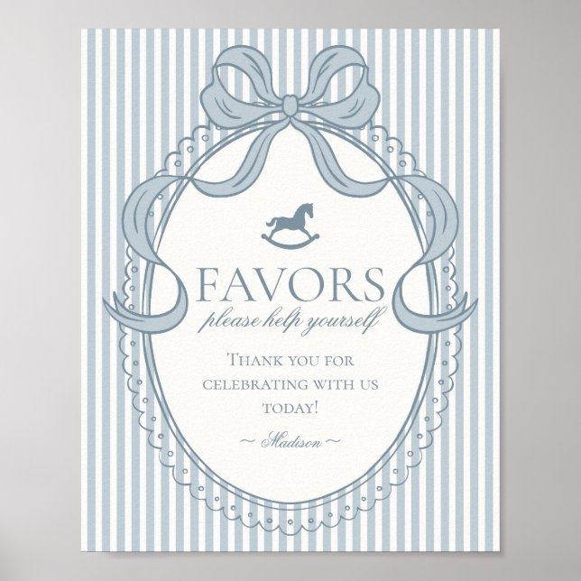 Poster Blue Coquette Bow Rocking Horse Stripe Favors Sign (Frente)