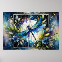 Blue Dragonfly Watercolor Botanical