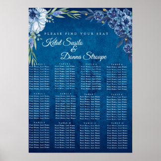 Poster Blue Elegant floral summer wedding seating chart