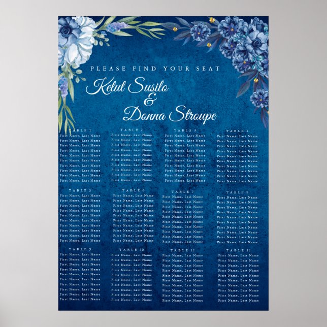 Poster Blue Elegant floral summer wedding seating chart  (Frente)